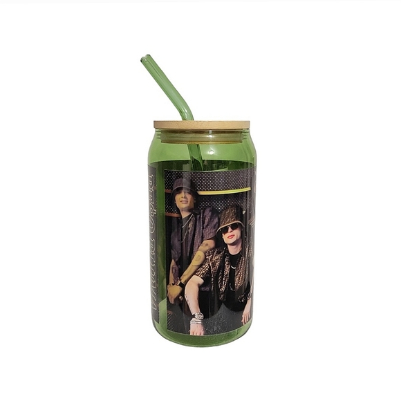 Peso Pluma Green Glass Tumbler Cup 16 oz UV DTF Black Design With Glass Straw - Picture 4 of 4